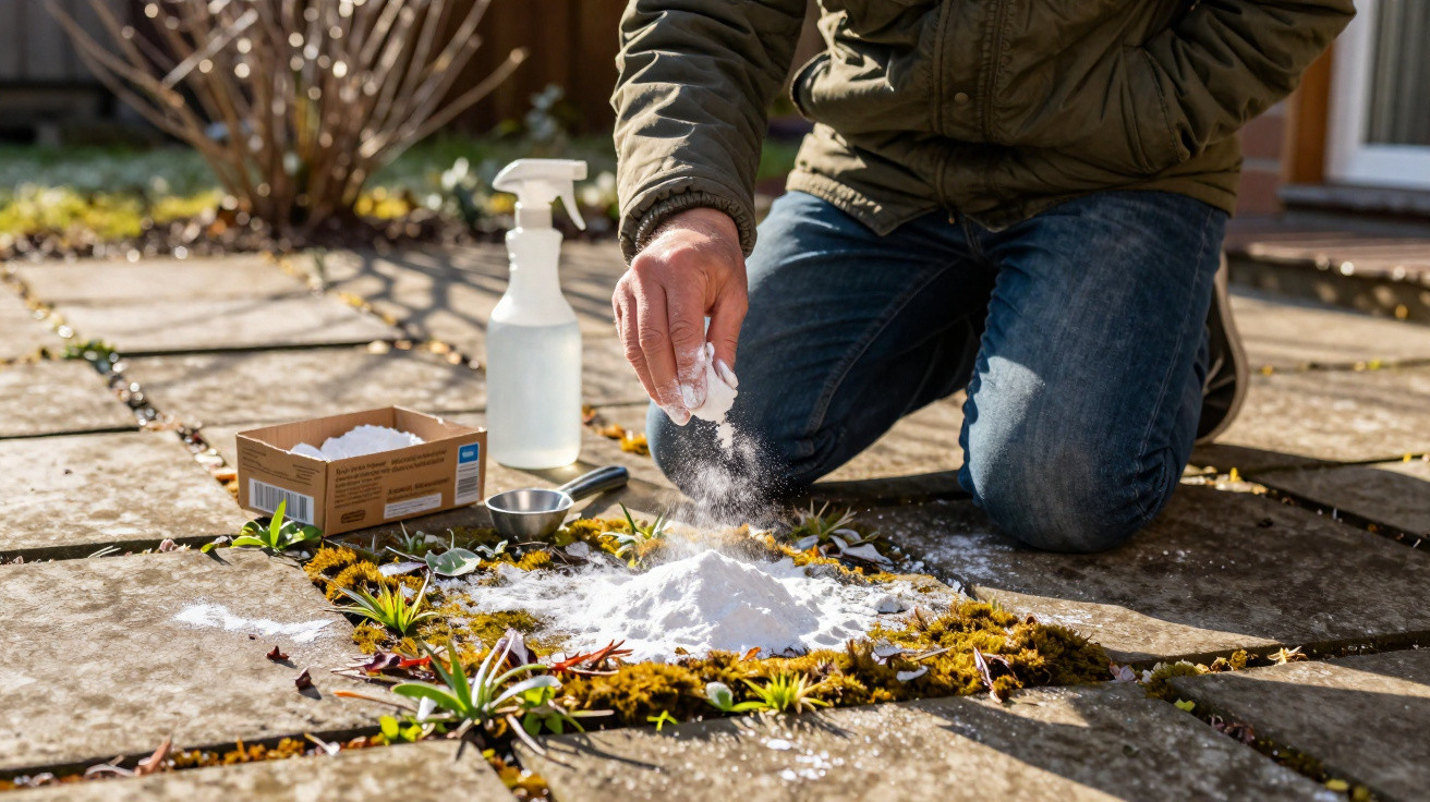 Person kneeling on a patio, sprinkling white powder on moss and weeds growing between stone slabs.