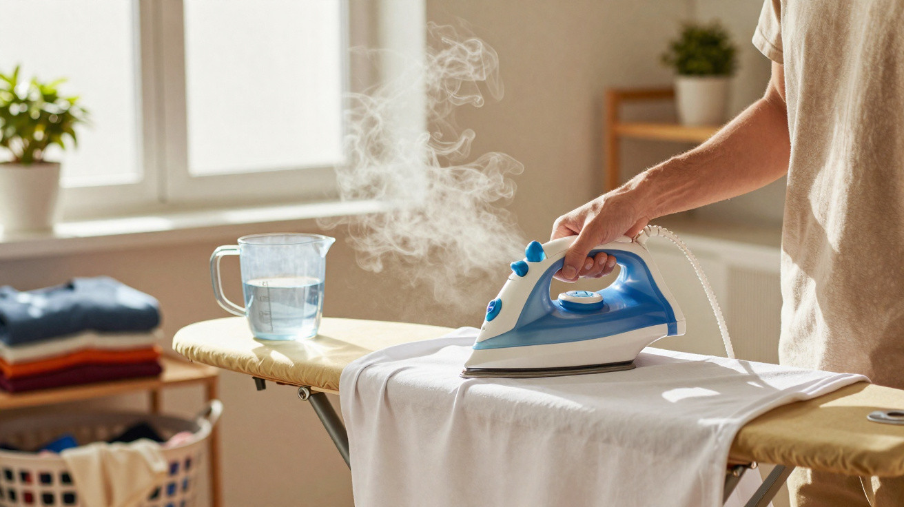 Person ironing a white shirt on an ironing board with steam rising in a bright room.