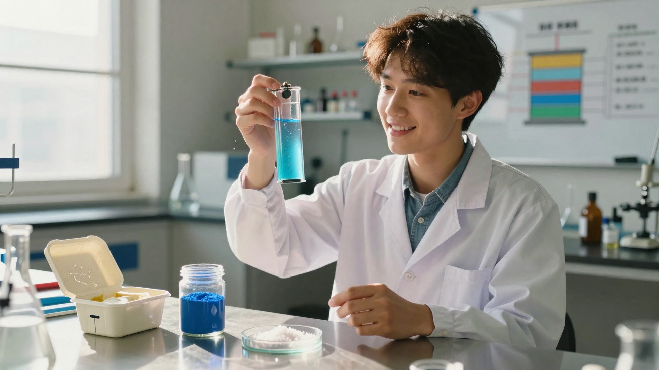 Young scientist in a lab coat examining a test tube with blue liquid in a bright science laboratory.