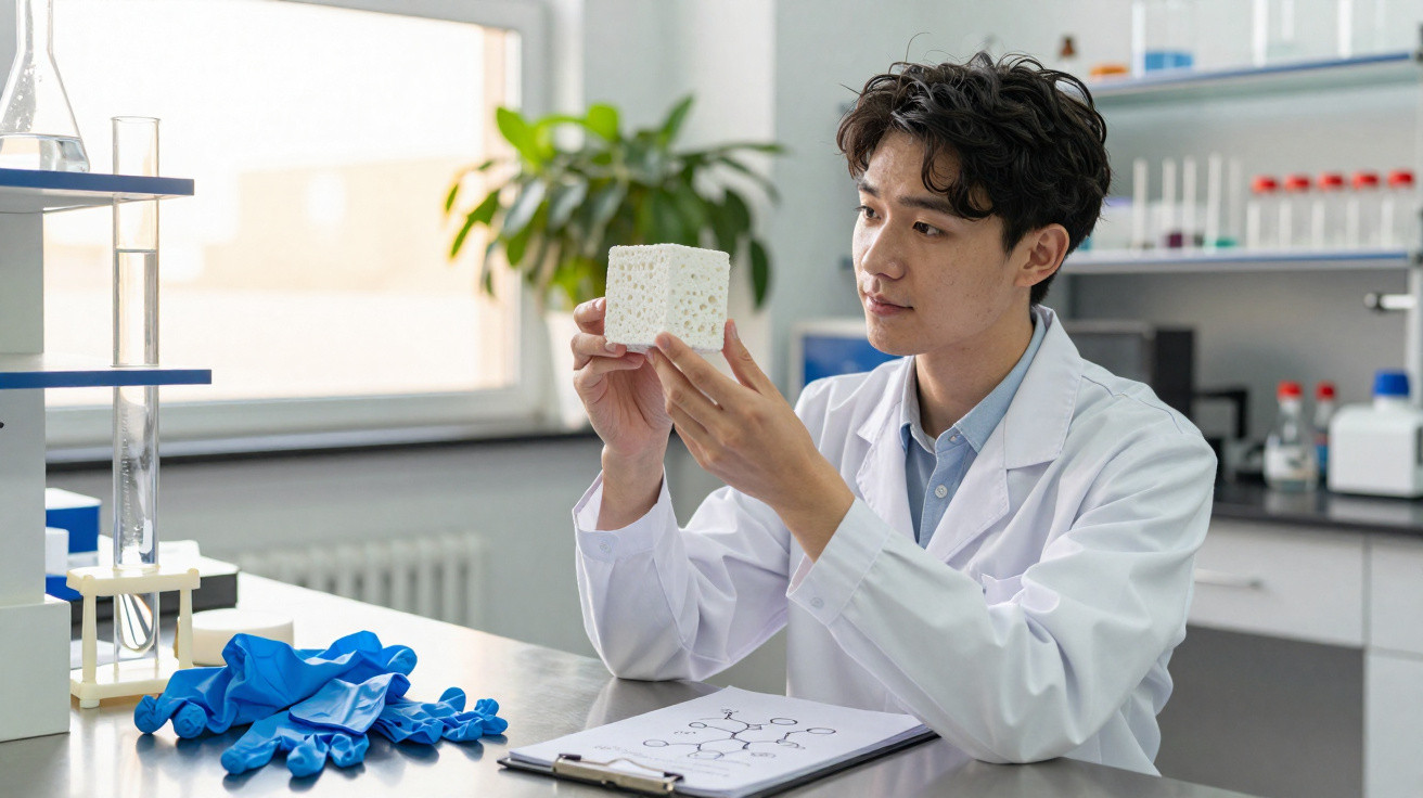 Scientist in lab coat examining porous cube in a bright laboratory with gloves and clipboard nearby.