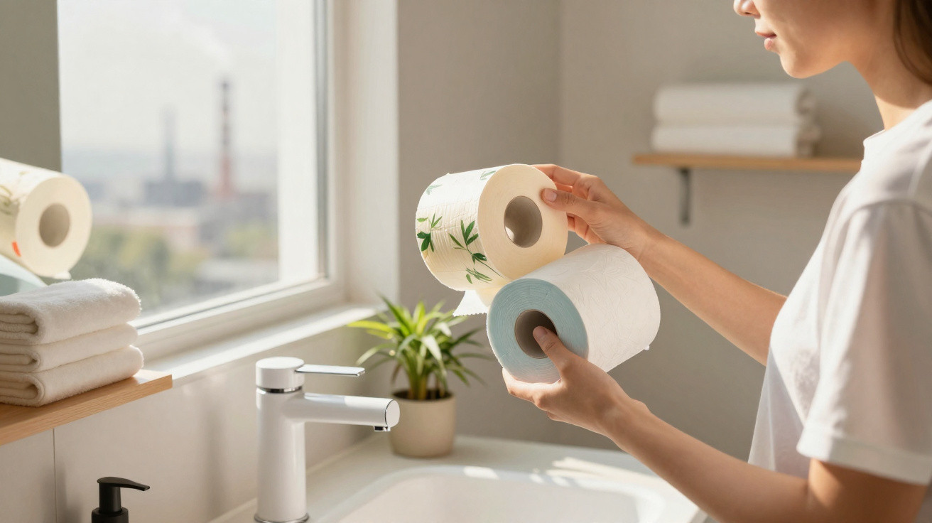 Person holding two toilet paper rolls over a bathroom sink near a window with natural light.