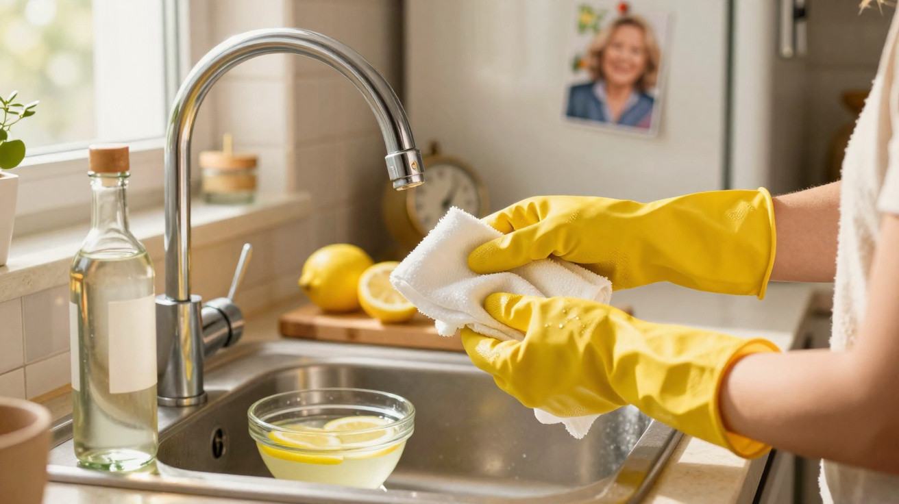 Person wearing yellow gloves cleaning a kitchen sink faucet with a white cloth near a bowl of lemon water.