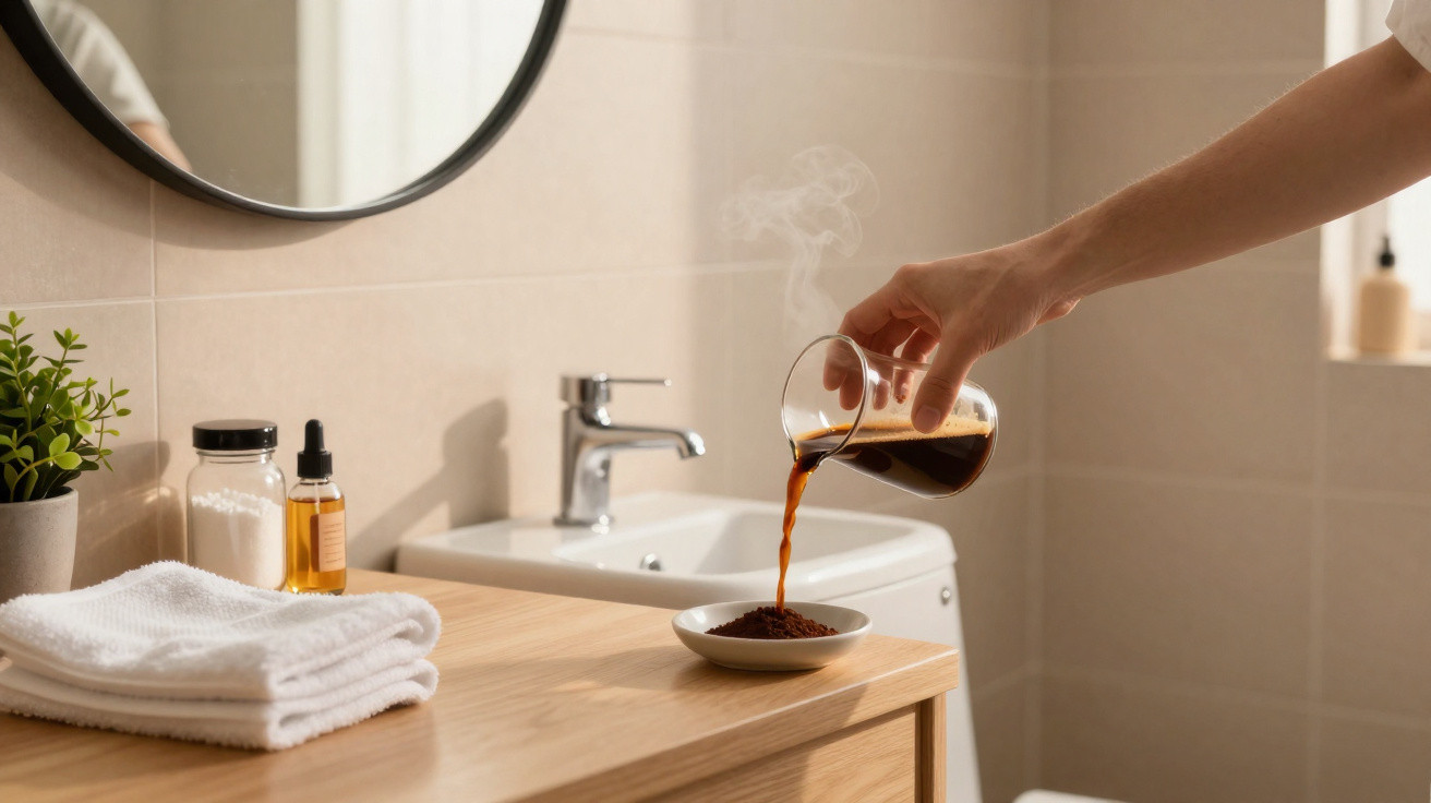Hand pouring hot coffee from glass into a bowl of coffee grounds on bathroom wooden countertop.