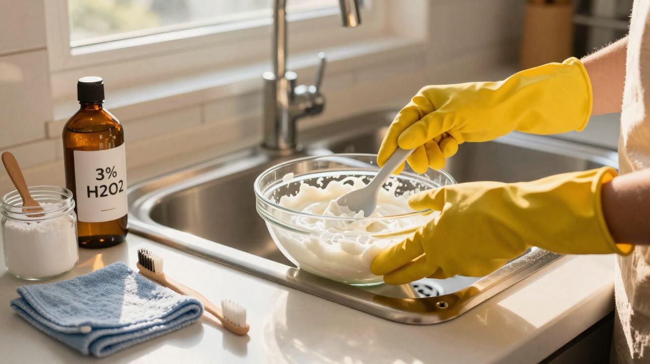 Person wearing yellow gloves stirring cleaning paste in a bowl at a kitchen sink with cleaning supplies nearby.