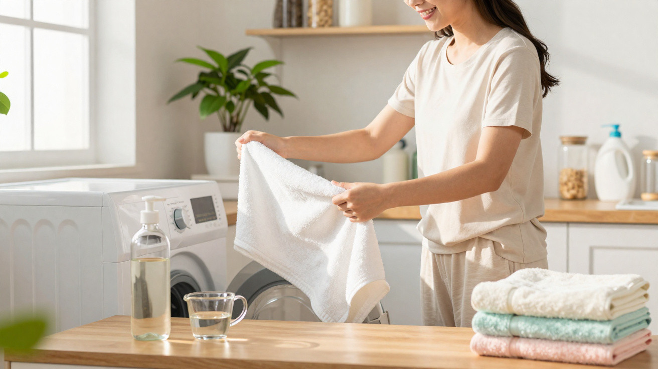 Woman folding a white towel beside a washing machine in a bright, organised laundry room.