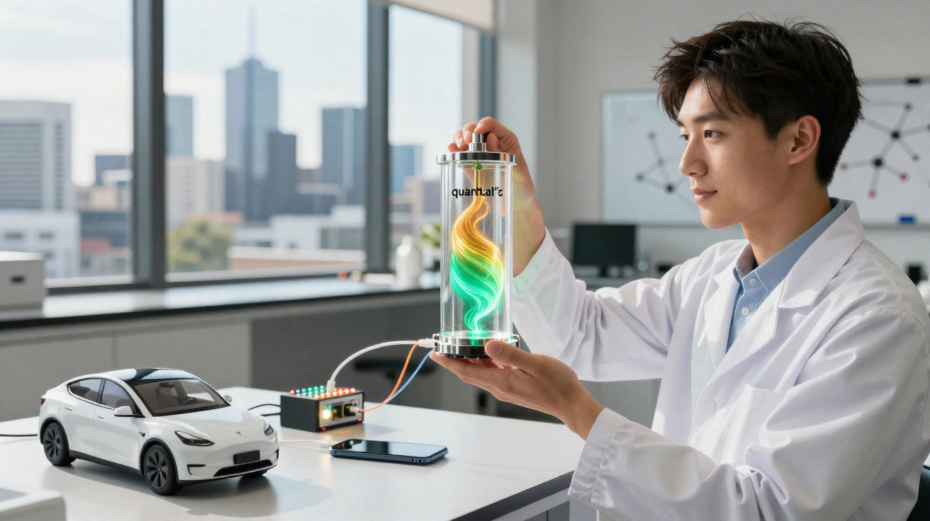 Scientist in lab coat holding a futuristic energy cell beside a model electric car on a desk in a modern office.