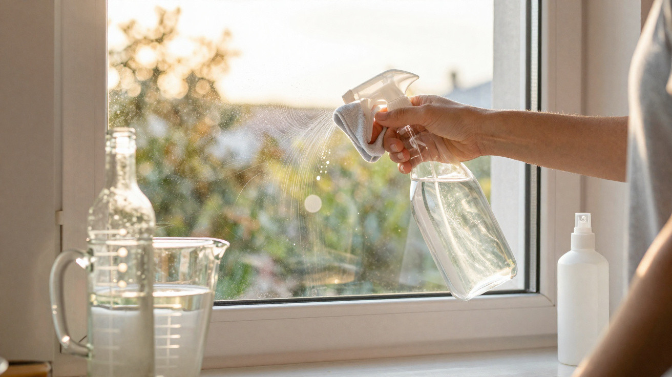 Person cleaning a window with a spray bottle and cloth during daylight, with glass containers nearby on the sill.