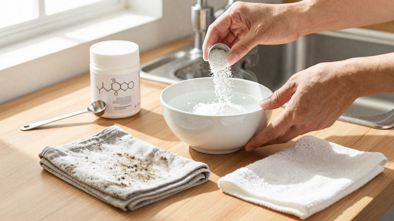 Person pouring white powder into steaming bowl with dirty and clean cloths on wooden countertop.