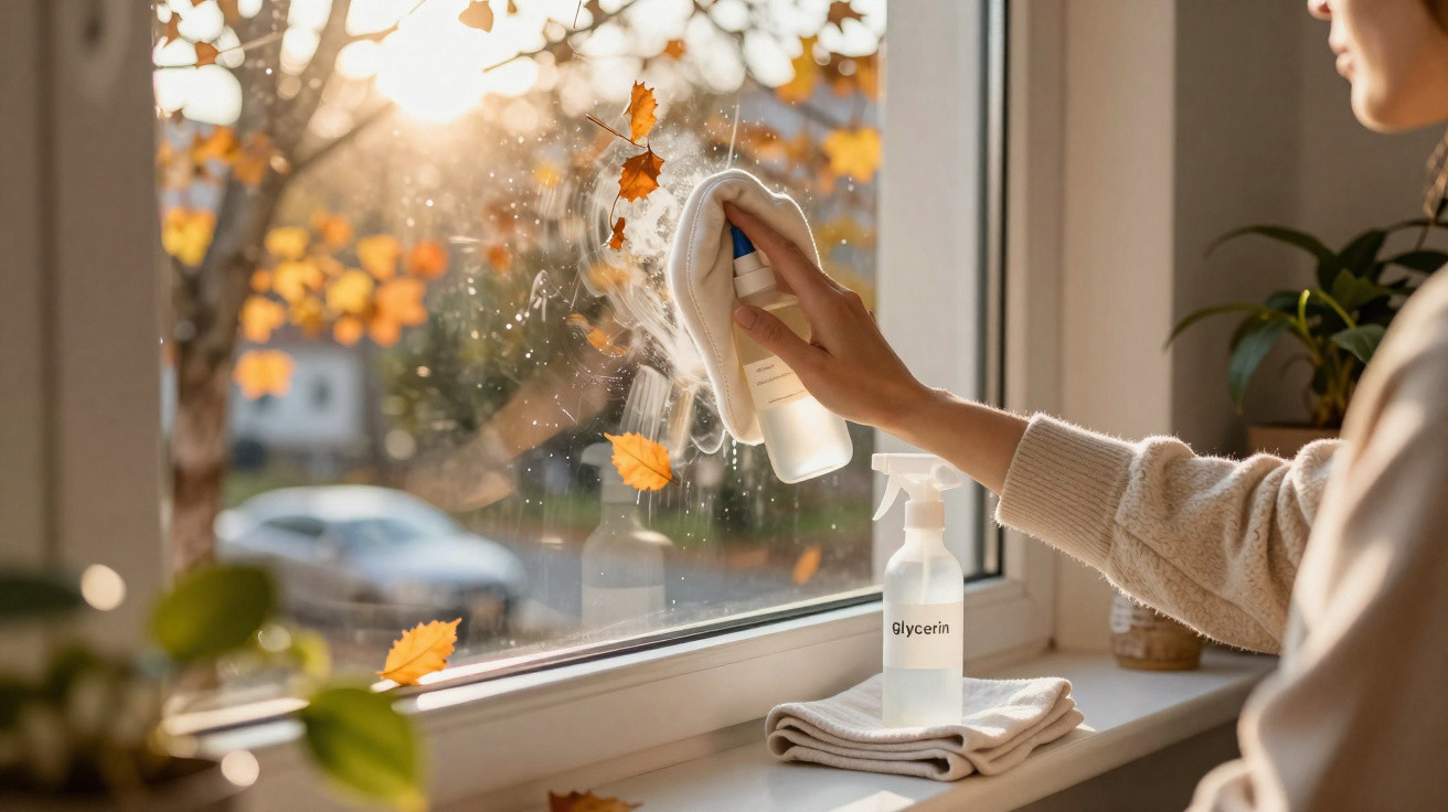 Person cleaning a window with a cloth and glycerin spray, autumn leaves and sunlight outside.