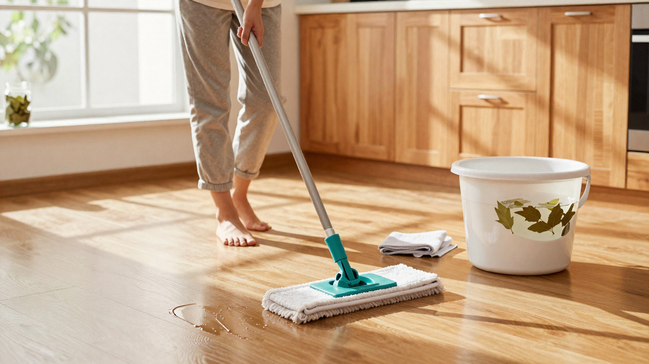 Person mopping a wooden floor in a bright kitchen with a white bucket and cloth nearby.