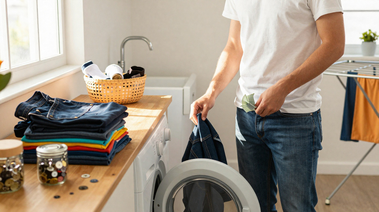 Man loading blue jeans into a front-loading washing machine in a bright laundry room.