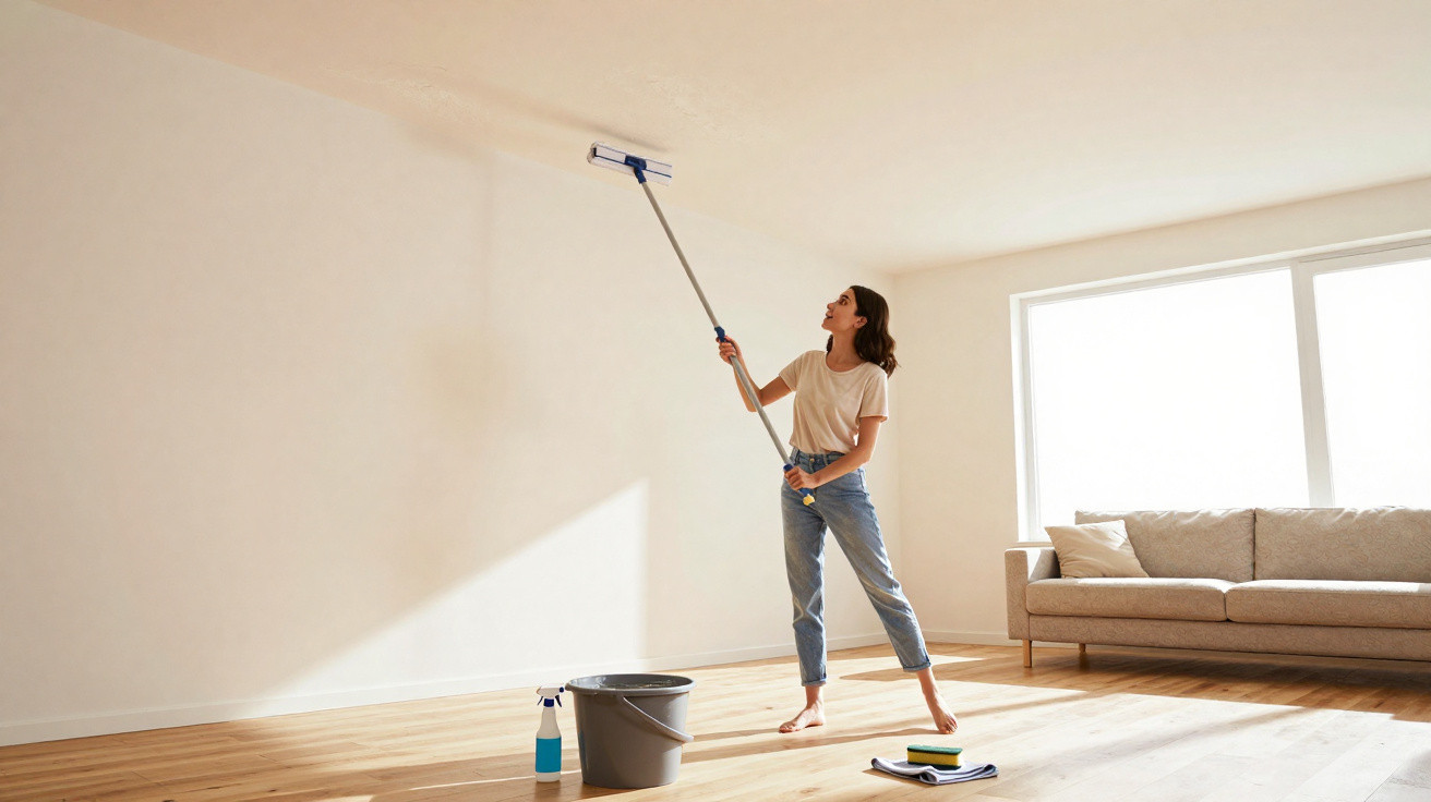Woman cleaning a high ceiling with a mop in a bright, minimally furnished living room.