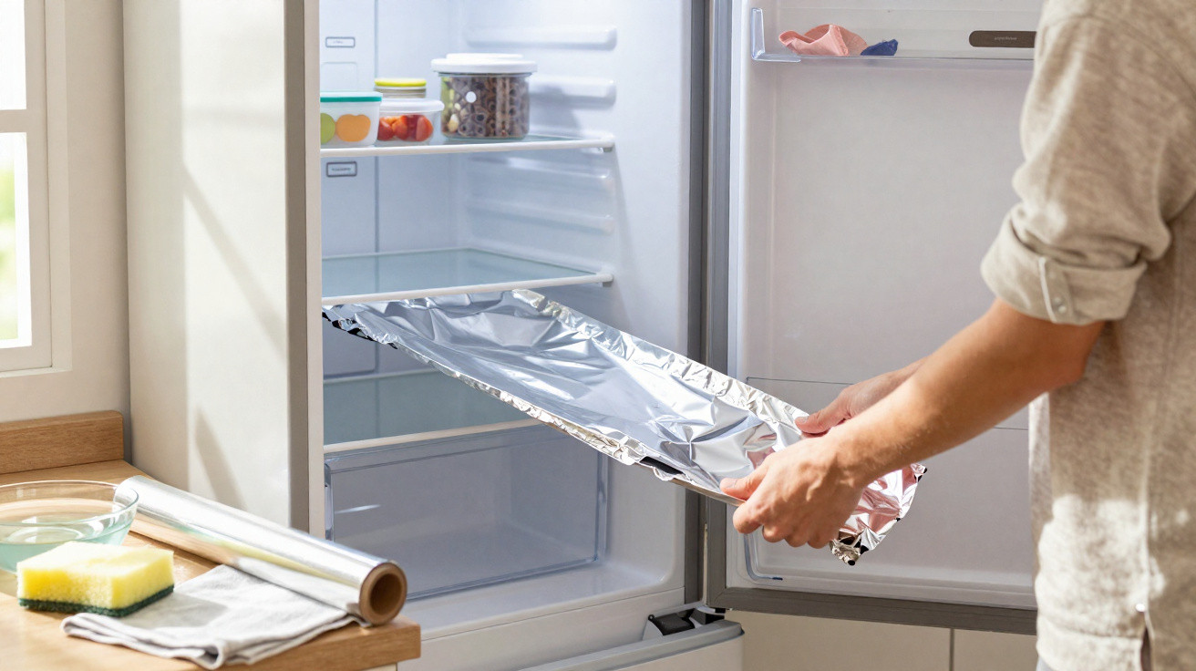 Person placing a foil-covered tray into an open, mostly empty fridge in a bright kitchen.