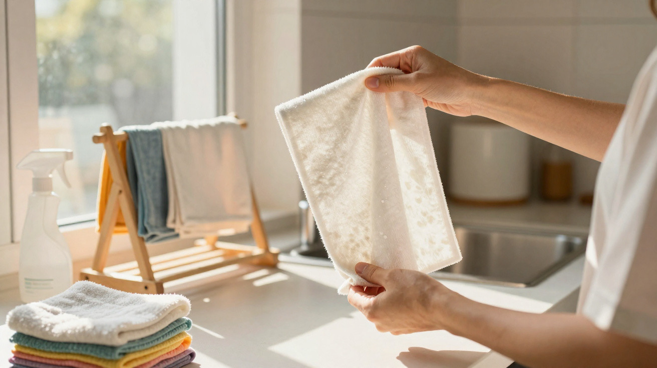 Person holding a clean white cloth in a sunlit kitchen with towels and cleaning spray nearby.