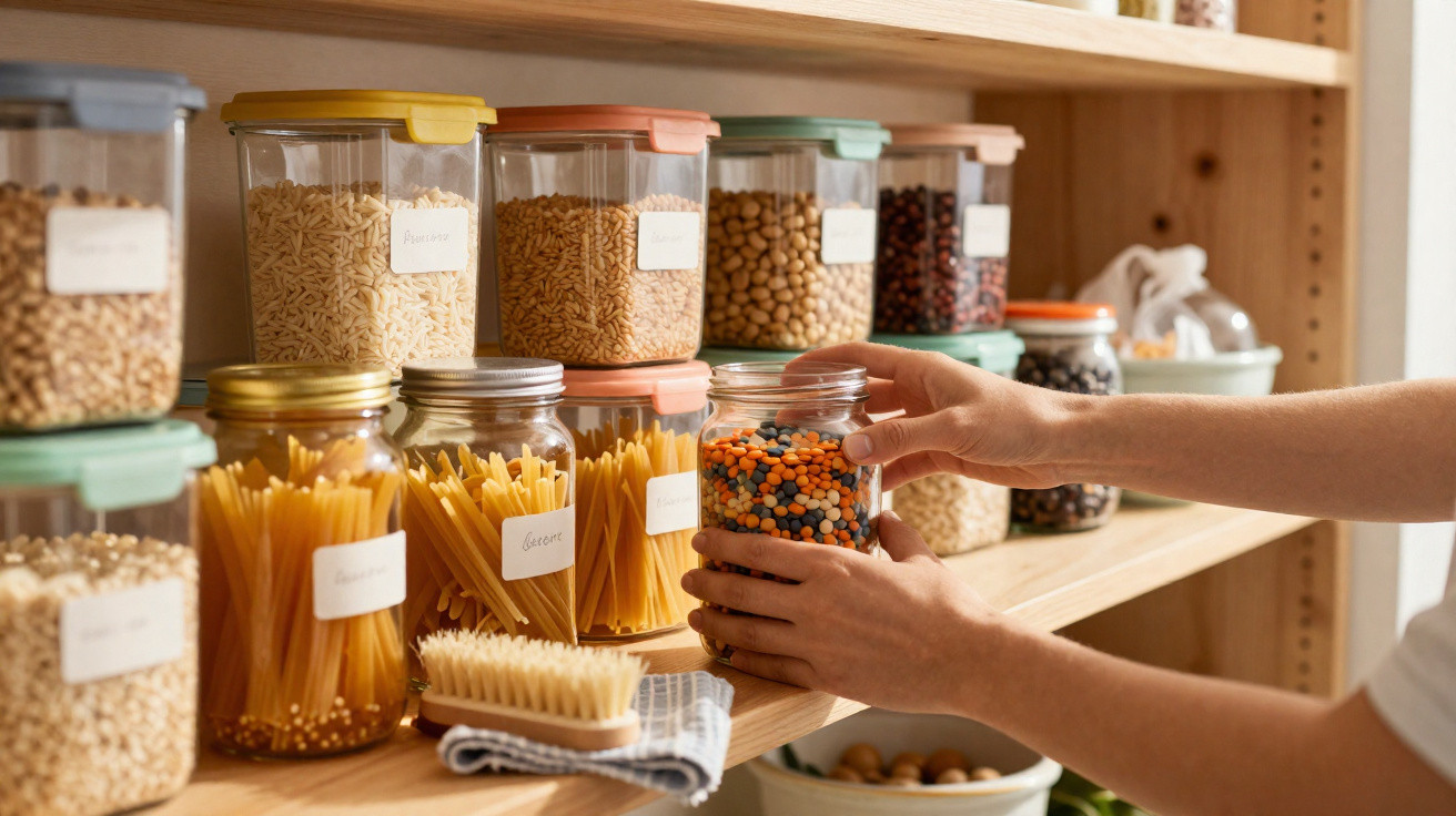 Hands placing a jar of mixed lentils on a wooden pantry shelf with jars of pasta and grains.