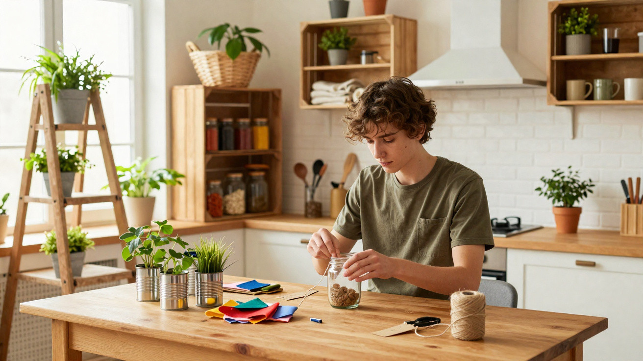 Teen boy sitting at a wooden table in a kitchen, working on a craft project with plants and colourful materials.