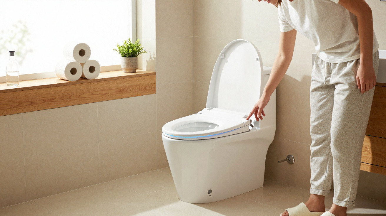 Person lifting the lid of a modern white toilet in a bright, minimalistic bathroom with toilet rolls and a plant on the windo