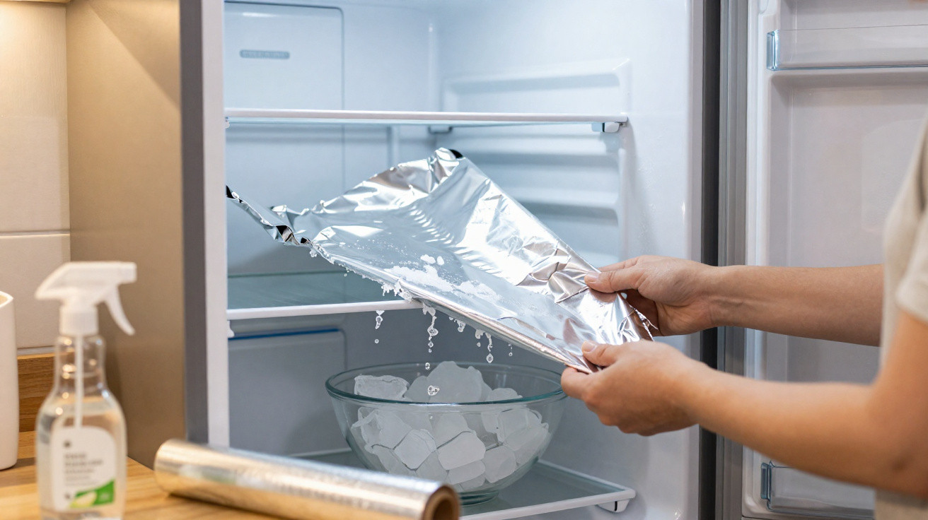 Person removing foil from a bowl of ice cubes inside an open refrigerator.