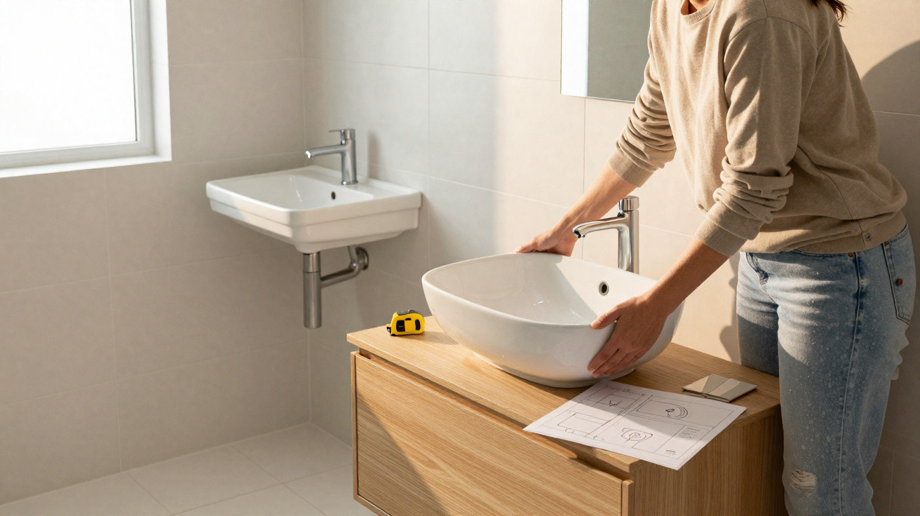 Person installing a white vessel sink on a wooden bathroom cabinet with tools and instructions nearby.