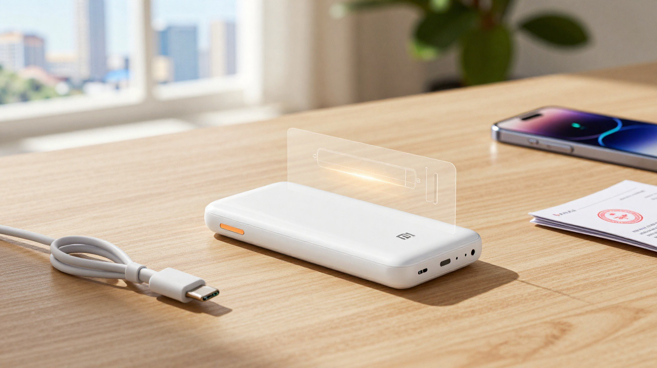 White Xiaomi power bank with USB-C cable and smartphone on a wooden table by a window in daylight.