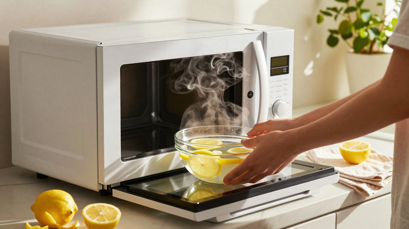 Person removing steaming glass bowl with lemon slices from white microwave on kitchen counter.