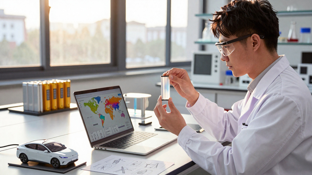 Scientist in lab coat and glasses examining liquid in test tube beside laptop with world map and model car.