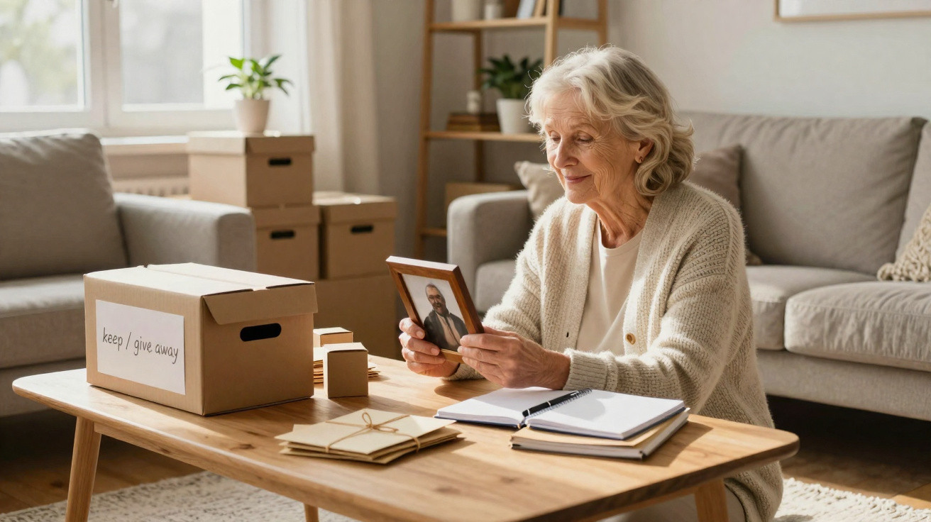 Elderly woman sitting at a table holding a framed photo, next to a box labelled "keep / give away" in a living room.
