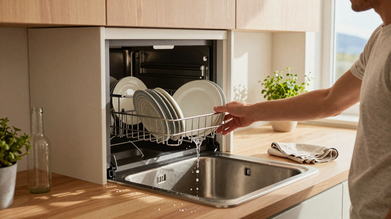 Person unloading wet dishes from a dishwasher into a kitchen sink with wooden countertops and plants nearby.
