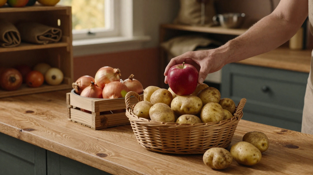 Hand placing a red apple on top of a basket of potatoes on a wooden kitchen counter with onions nearby.