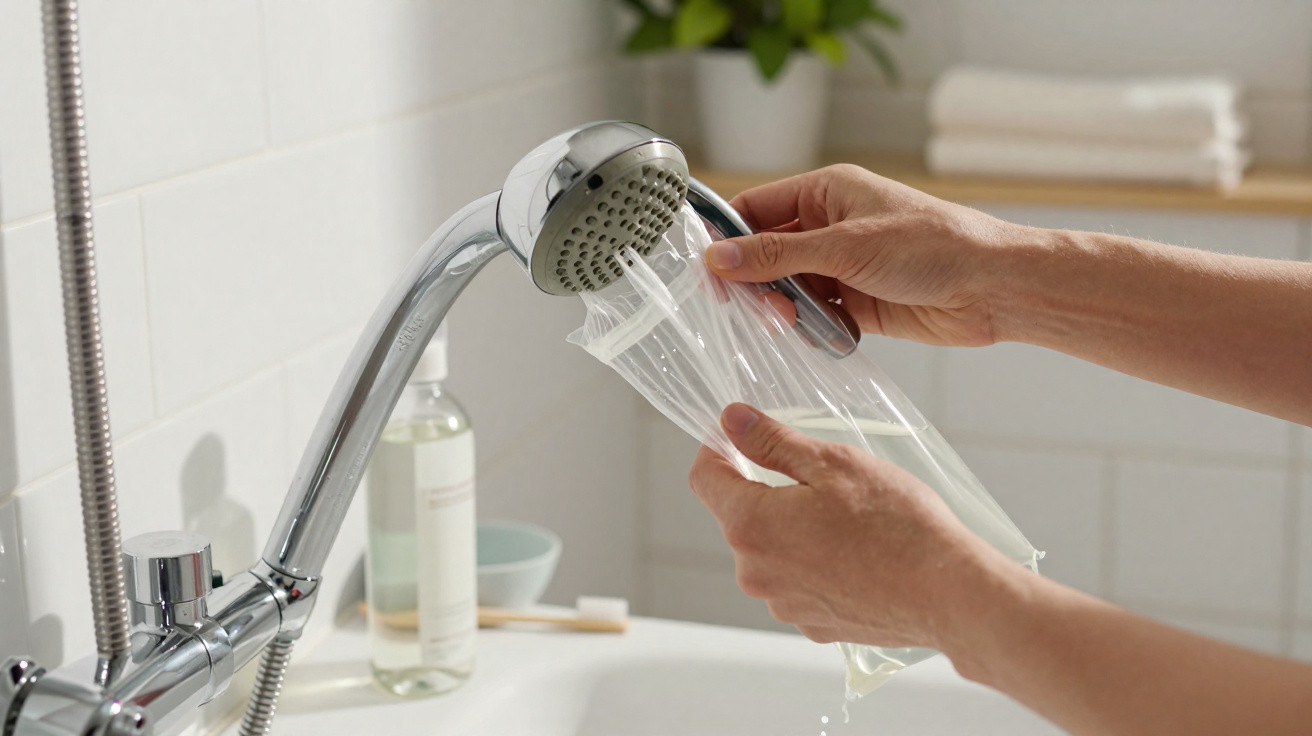 Hands filling a clear plastic bag with water from a handheld shower in a bathroom sink.