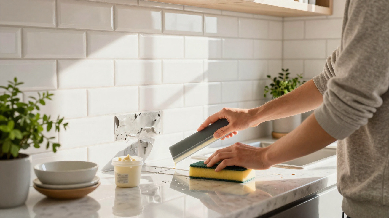 Person cleaning a marble kitchen countertop with a sponge and white subway tiles in the background.