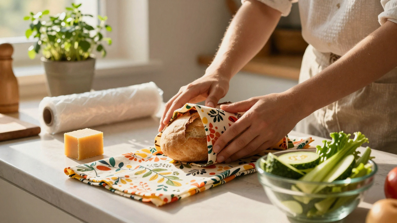 Person wrapping a loaf of bread in a colourful floral beeswax wrap on a kitchen counter.