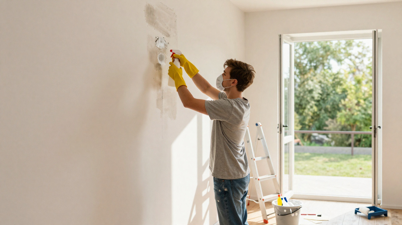 Young man wearing gloves and mask cleaning a wall with spray bottle in a sunlit room with open door.