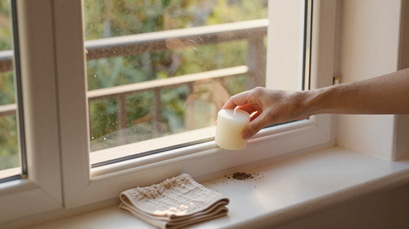 Hand holding a small white candle above a dusty windowsill with a folded cloth beside it.