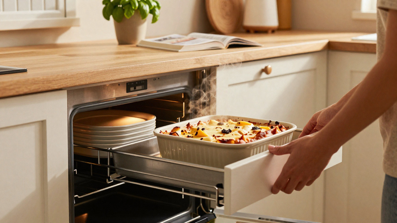 Person removing a steaming baked dish from a built-in kitchen oven with plates stacked inside.