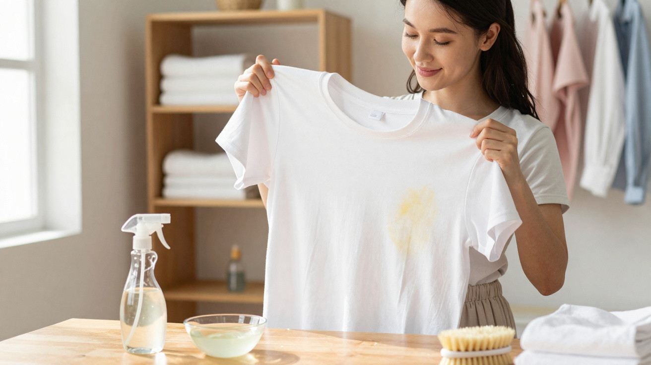 Woman holding a white T-shirt with a yellow stain, preparing to clean it with natural detergent and brush.