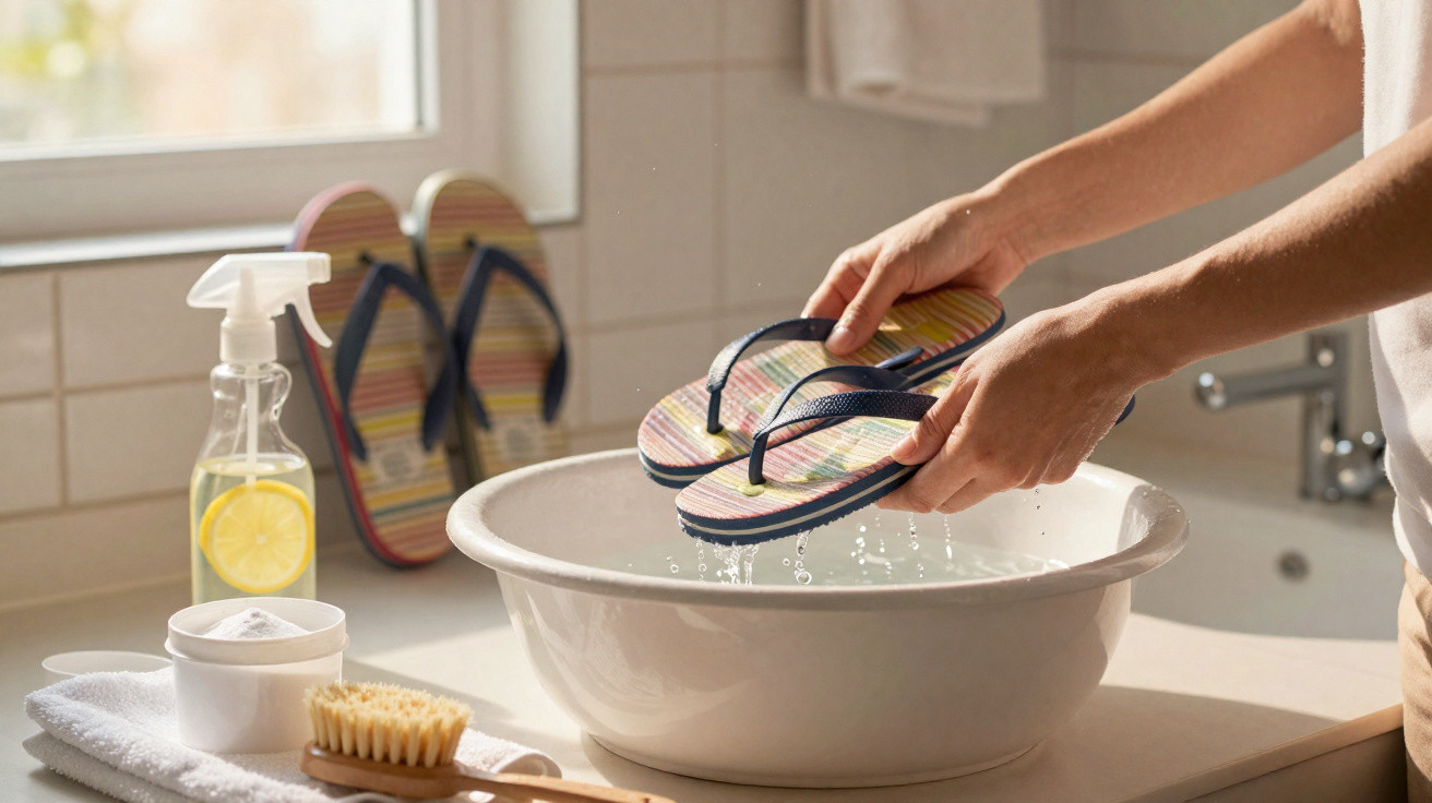 Hands washing colourful flip-flops over a white basin with cleaning supplies on a bathroom counter.