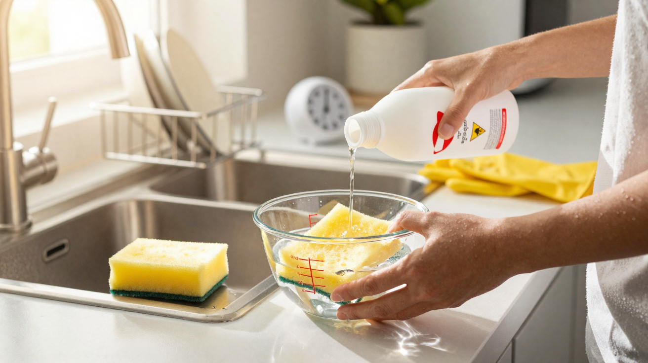 Person pouring a liquid from a white bottle onto a yellow sponge in a glass bowl by the kitchen sink.