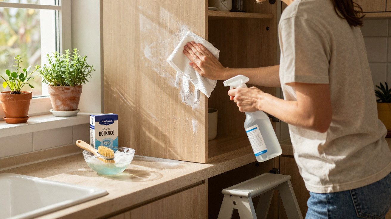 Person cleaning wooden kitchen cabinet with spray bottle and cloth near window with plants on sill.