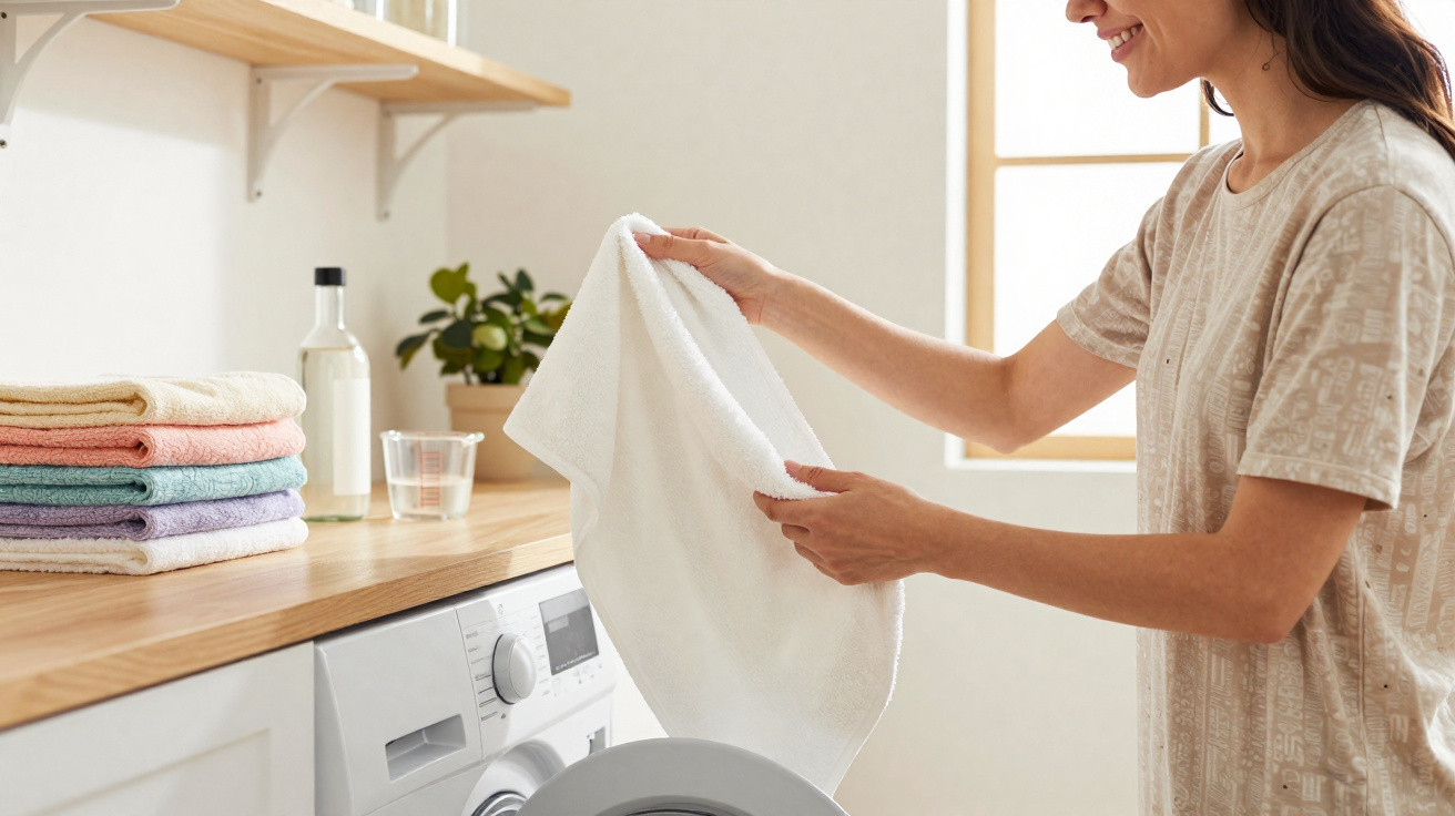 Woman holding a white towel beside a washing machine in a bright, organised laundry room with stacked towels.
