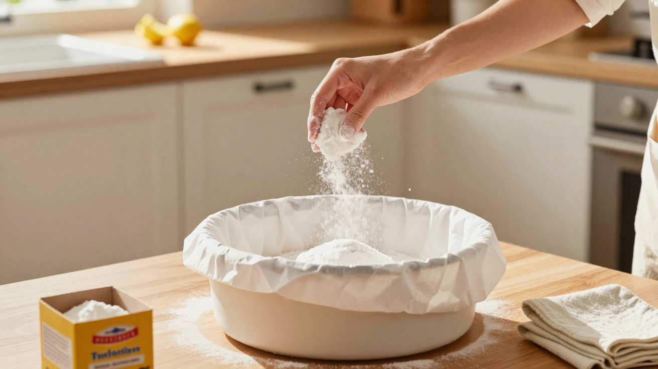Hand sprinkling flour over a cloth-lined bowl on a wooden kitchen counter with baking ingredients nearby.