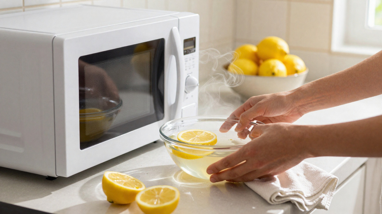Hands holding a steaming bowl with lemon slices next to a microwave and lemons on a kitchen counter.
