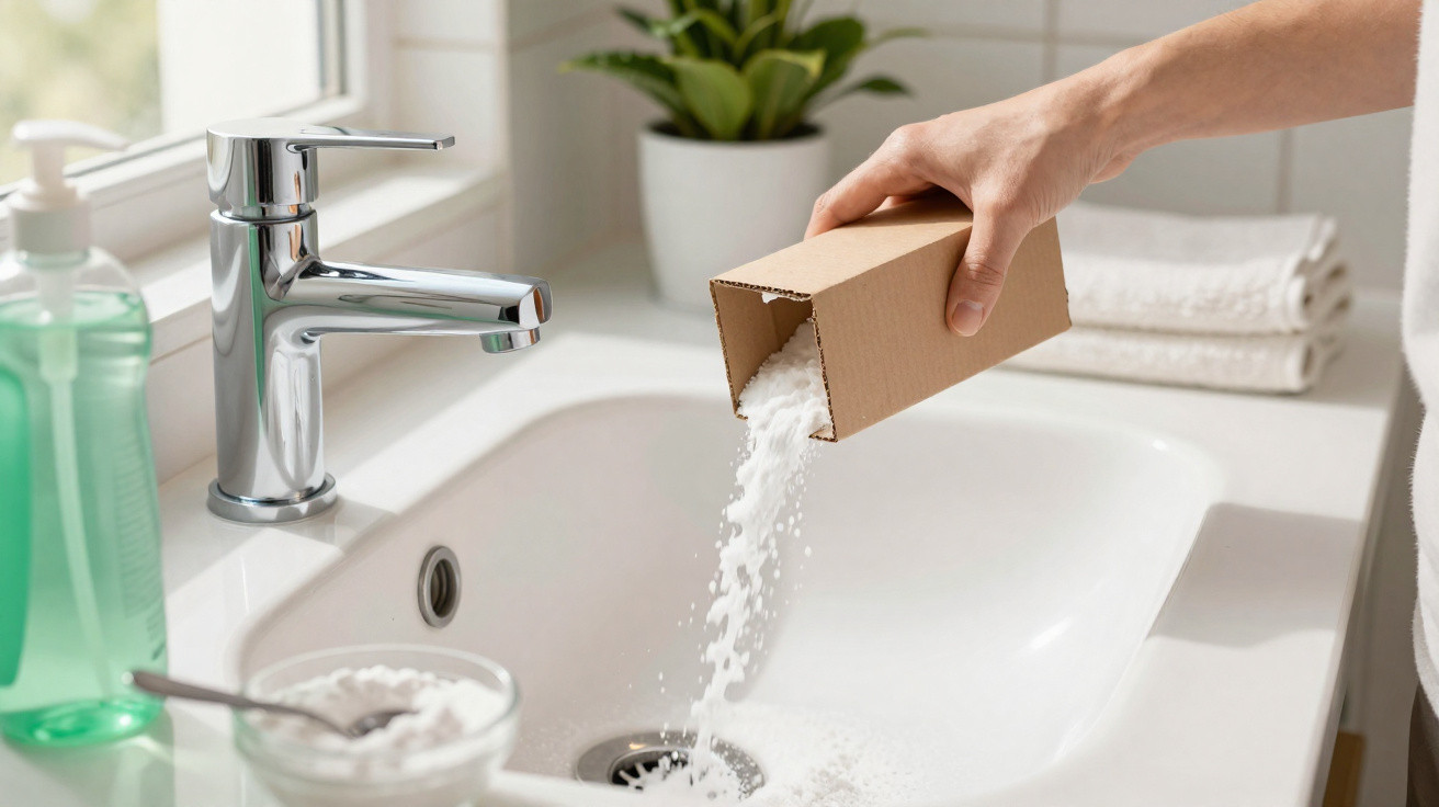 Hand pouring white powder cleaning agent from cardboard box into white bathroom sink drain.