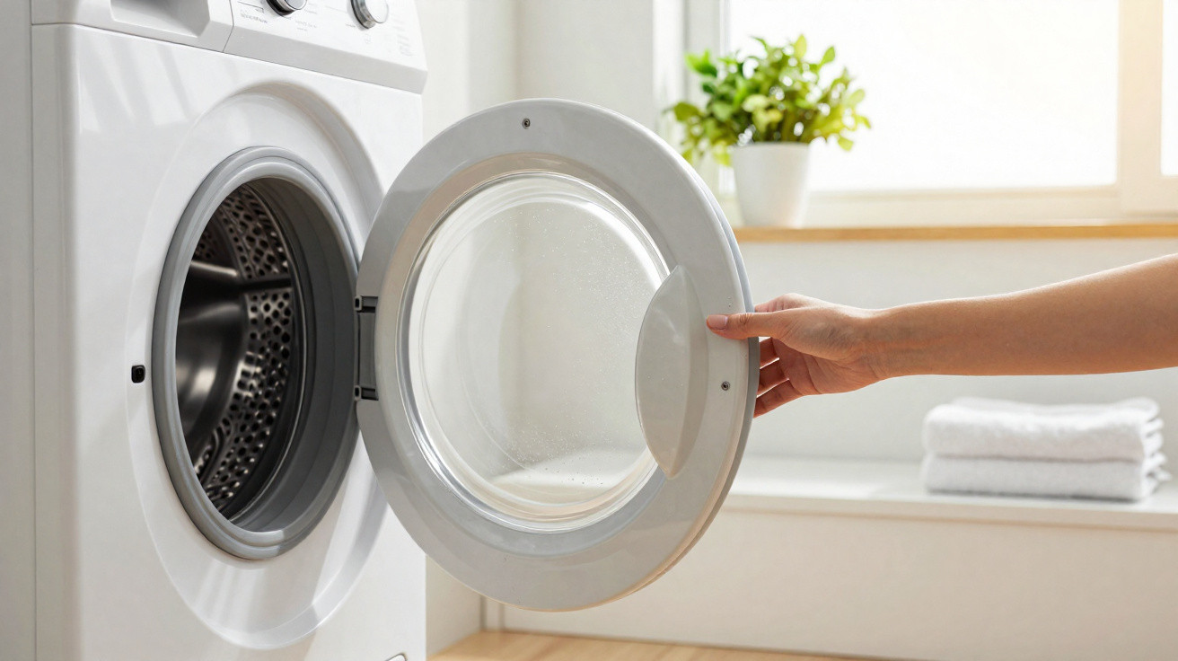 Hand opening the door of a front-loading washing machine in a bright laundry room.