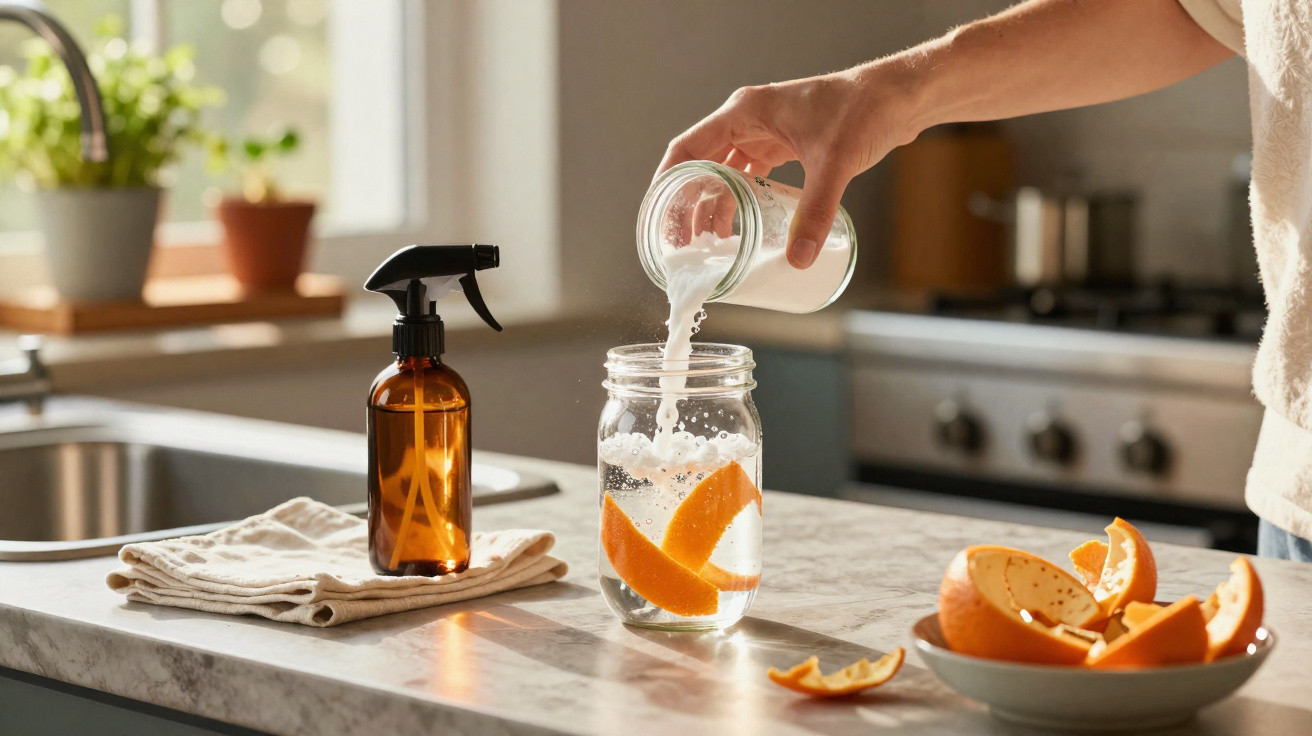 Hand pouring liquid into a glass jar with orange peels on a kitchen counter with a brown spray bottle nearby.