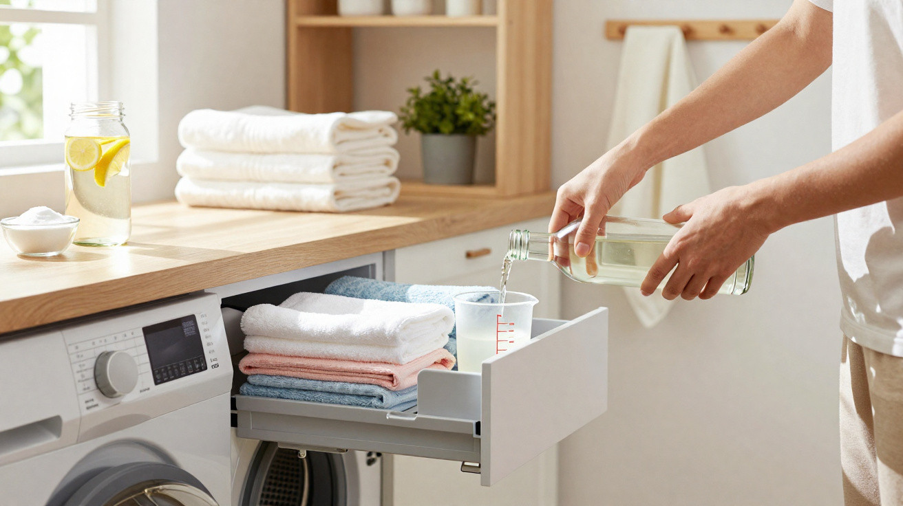 Person pouring liquid detergent into a washing machine drawer with folded towels on the shelf above.