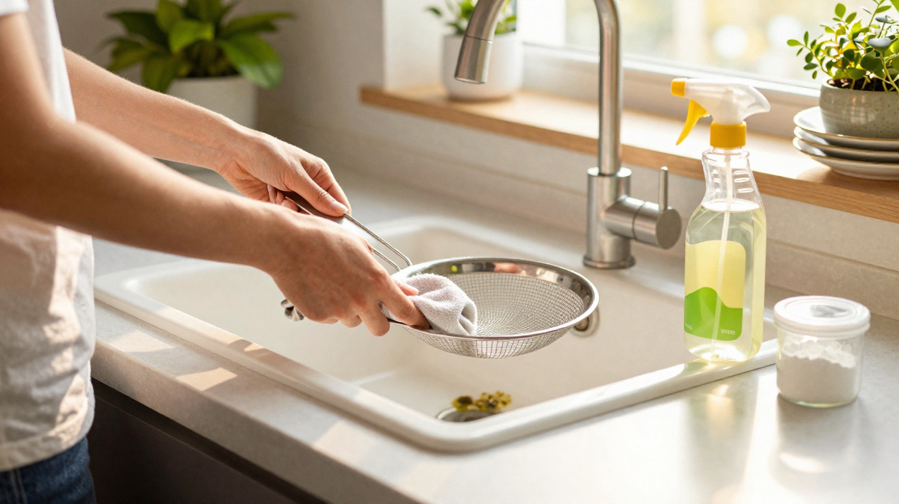 Person cleaning a metal strainer over a kitchen sink with cleaning spray and a container nearby on the counter.