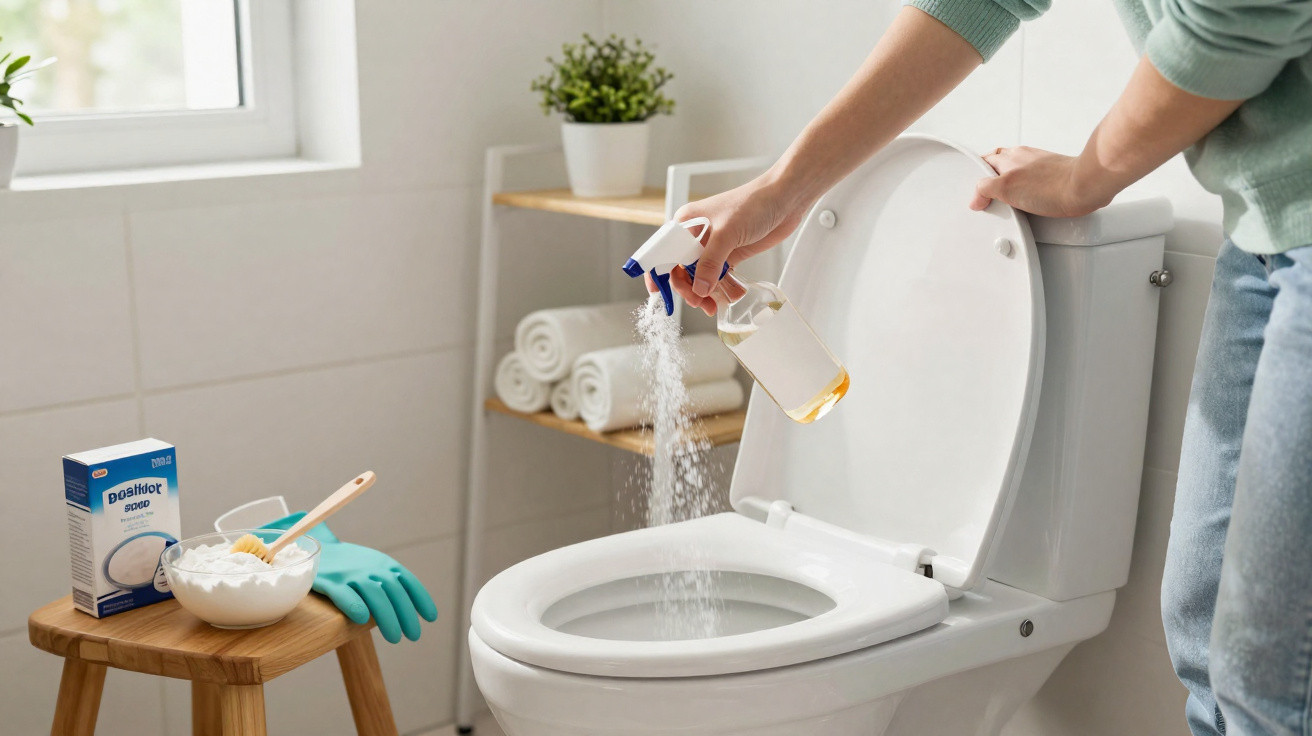 Person cleaning a toilet with spray cleaner in a bright bathroom with towels and cleaning supplies nearby.