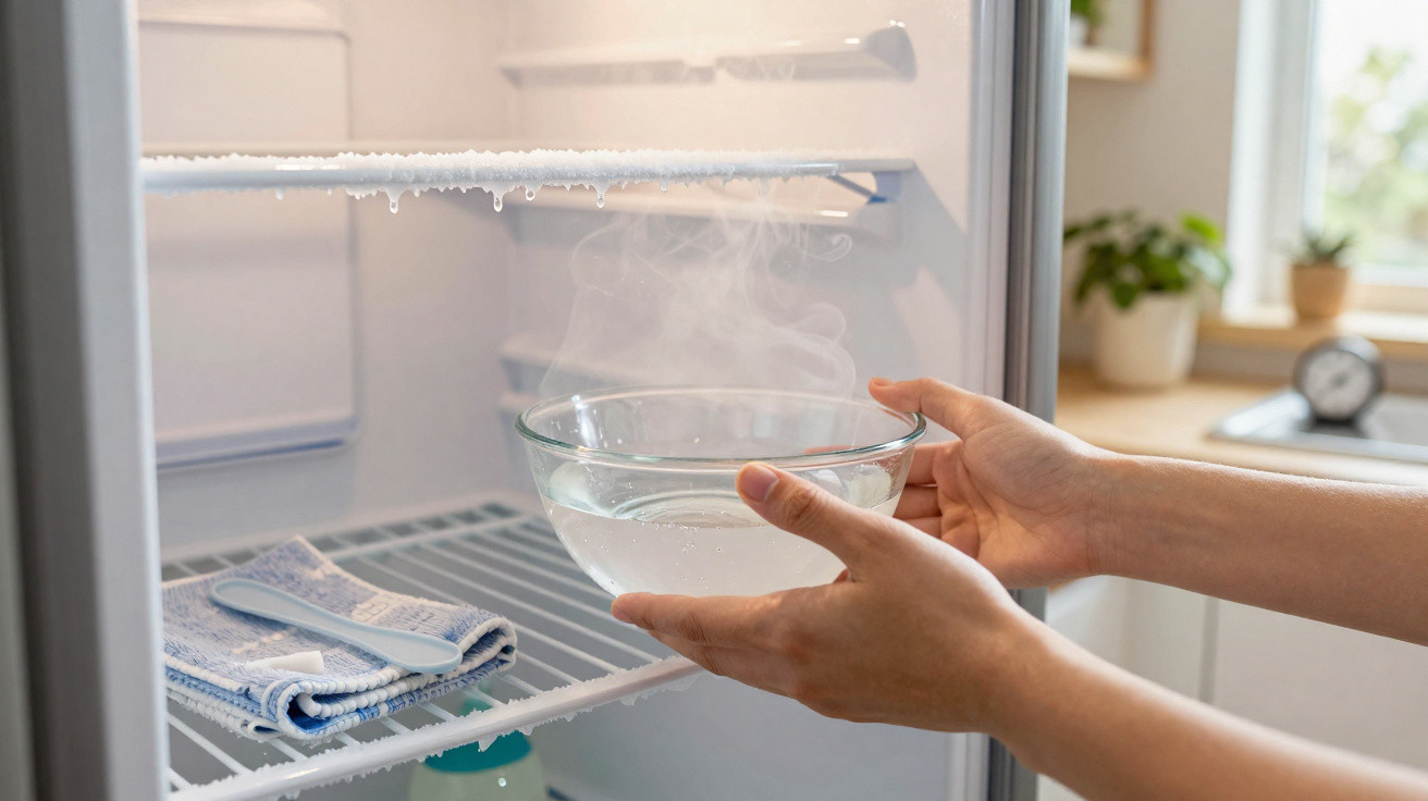 Hands placing a steaming glass bowl of hot water inside a frost-covered refrigerator for defrosting.