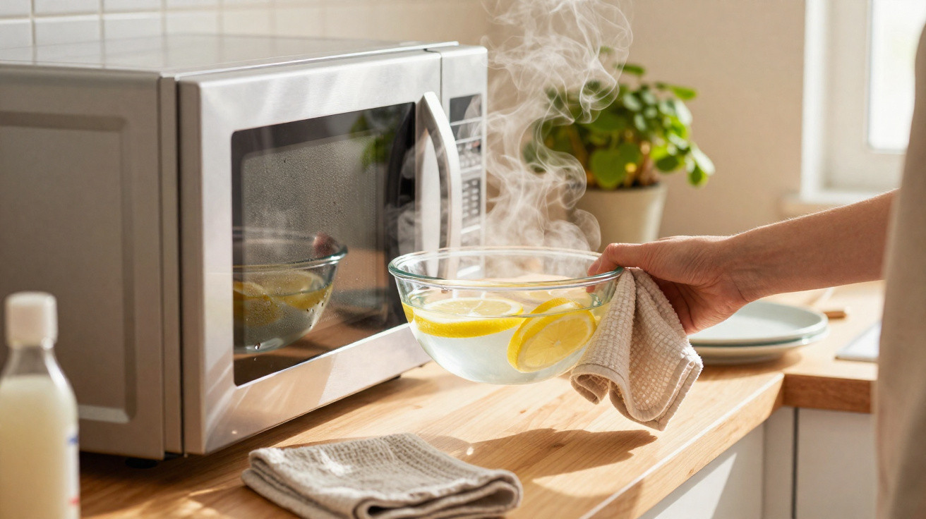 Person holding steaming glass bowl with lemon slices next to a microwave on a kitchen counter